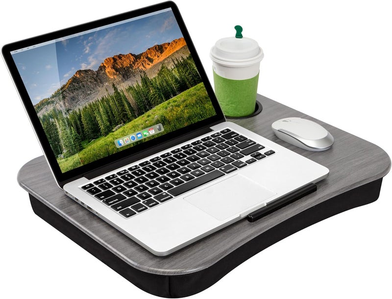 LapGear Cup Holder Lap Desk with Device Ledge - Gray Woodgrain - Fits up to 14 Inch Laptops - Style No. 46325 - Image 1